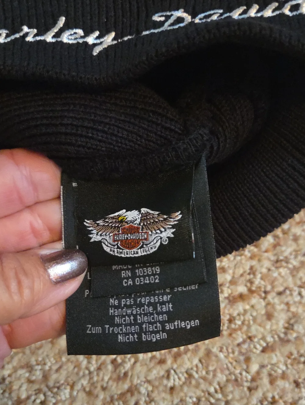 Harley Davidson Rhinestone Embellished Ribbed Knit Black Beanie.